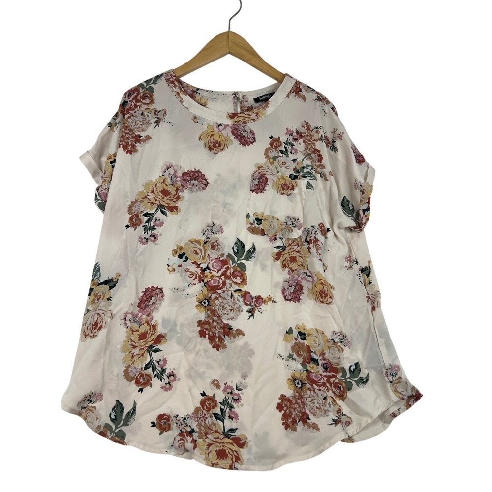 Buffalo David Bitton Womens Floral Short Sleeve Blouse Cream Yellow Large L/G